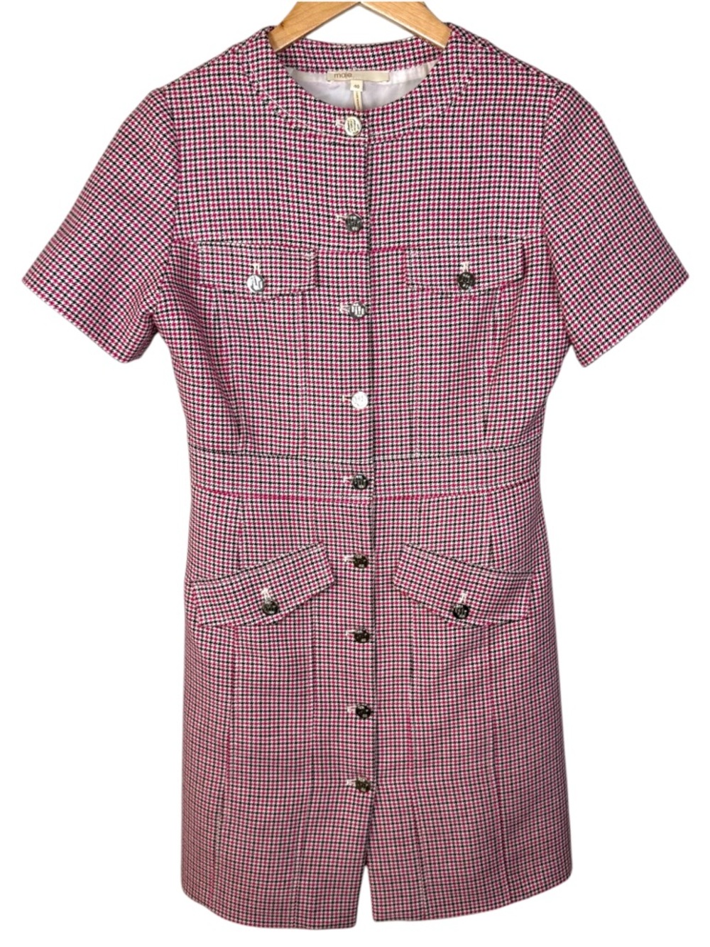 Maje Renalt Tweed Mini Shirt Dress Pink Houndstooth Size 40